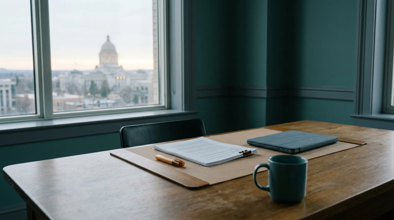 A desk at dawn with a printed solicitation, a highlighter, a laptop and a view of a state capitol dome